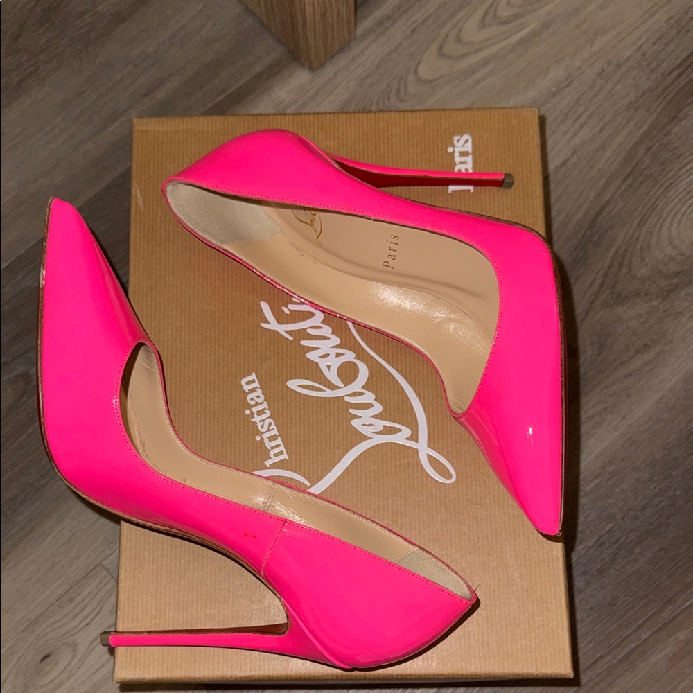 Christian Louboutin Neon Pink Patent Pointed-Toe Pumps - Picture 6 of 8